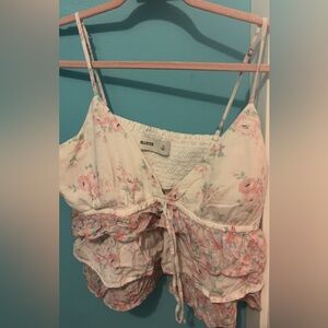 Hollister Floral Ruffle Tank Top - White and Pink